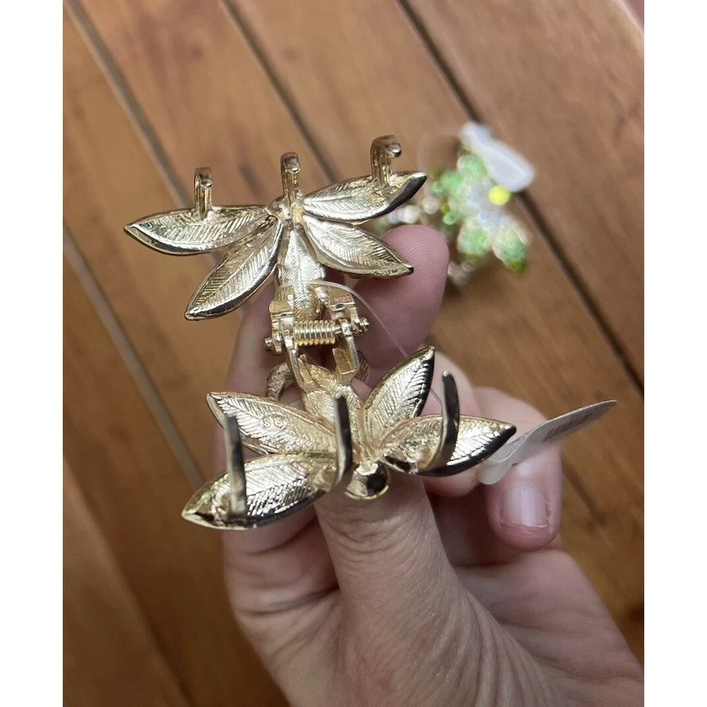 Set of 2 Gold Metal Flower Hair Claw Jaw Clips with Ombré Jewels Rhinestones NOS
